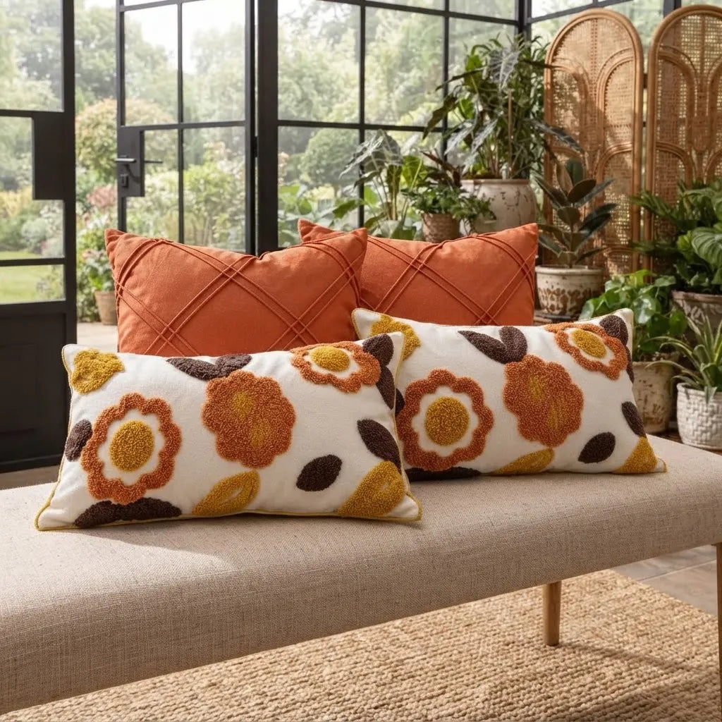 Set De 4 Cojines Decorativos Retro Floral Naranja Terracota