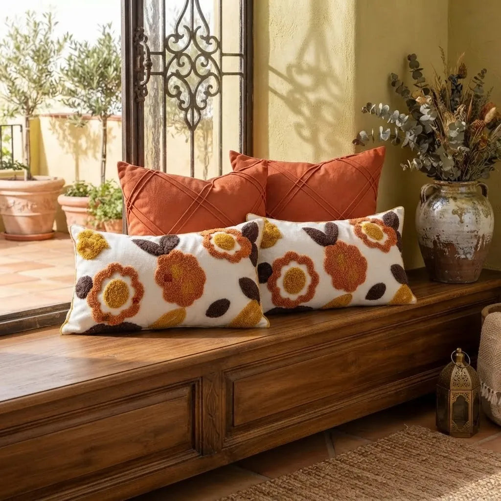 Set De 4 Cojines Decorativos Retro Floral Naranja Terracota