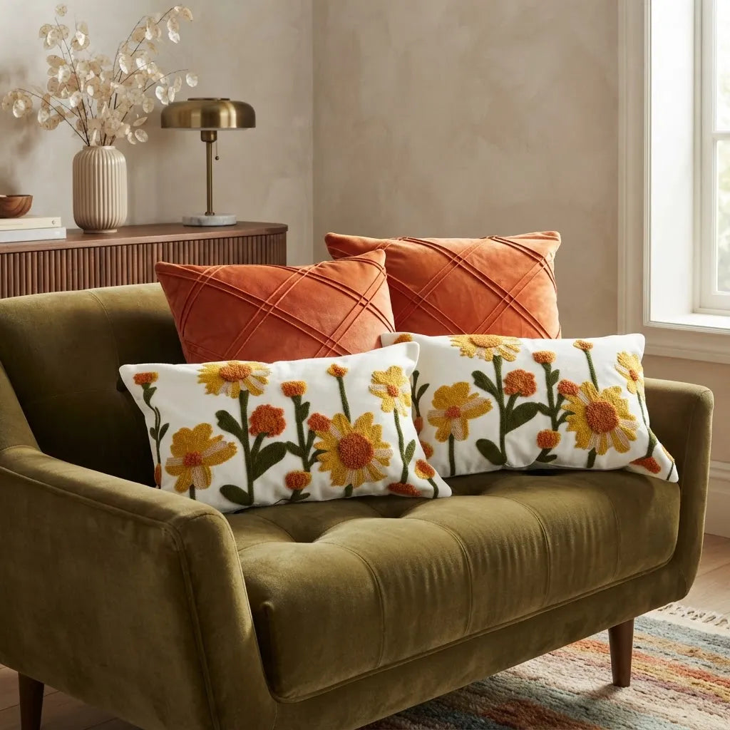 Set De 4 Cojines Decorativos Retro Floral Naranja Terracota