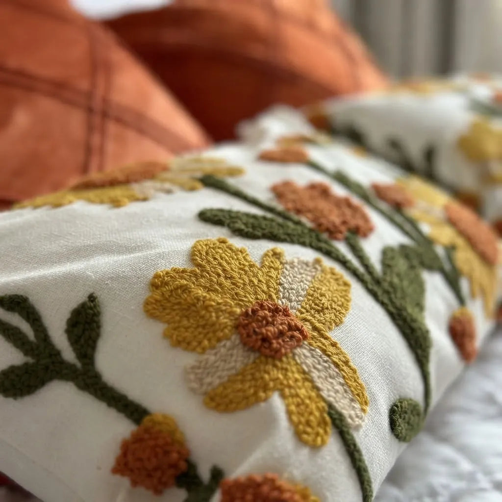 Set De 4 Cojines Decorativos Retro Floral Naranja Terracota