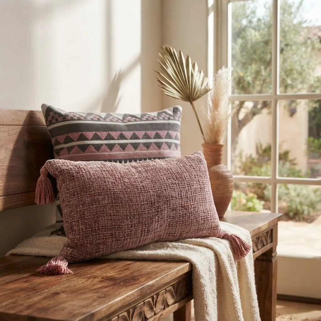 Set de 4 Cojines Decorativos Tribal Rosé · Bordados y Chenille 45 × 45 y 30 × 50 cm