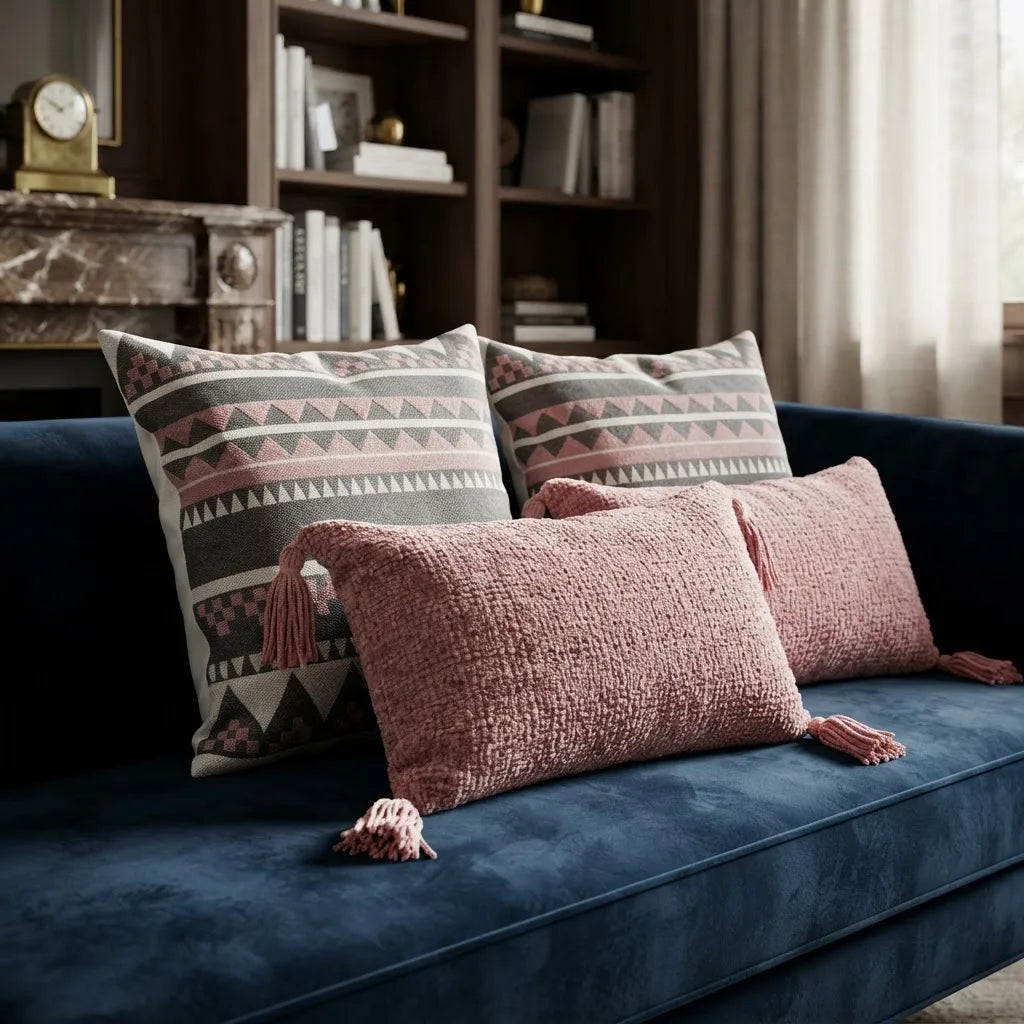 Set de 4 Cojines Decorativos Tribal Rosé · Bordados y Chenille 45 × 45 y 30 × 50 cm