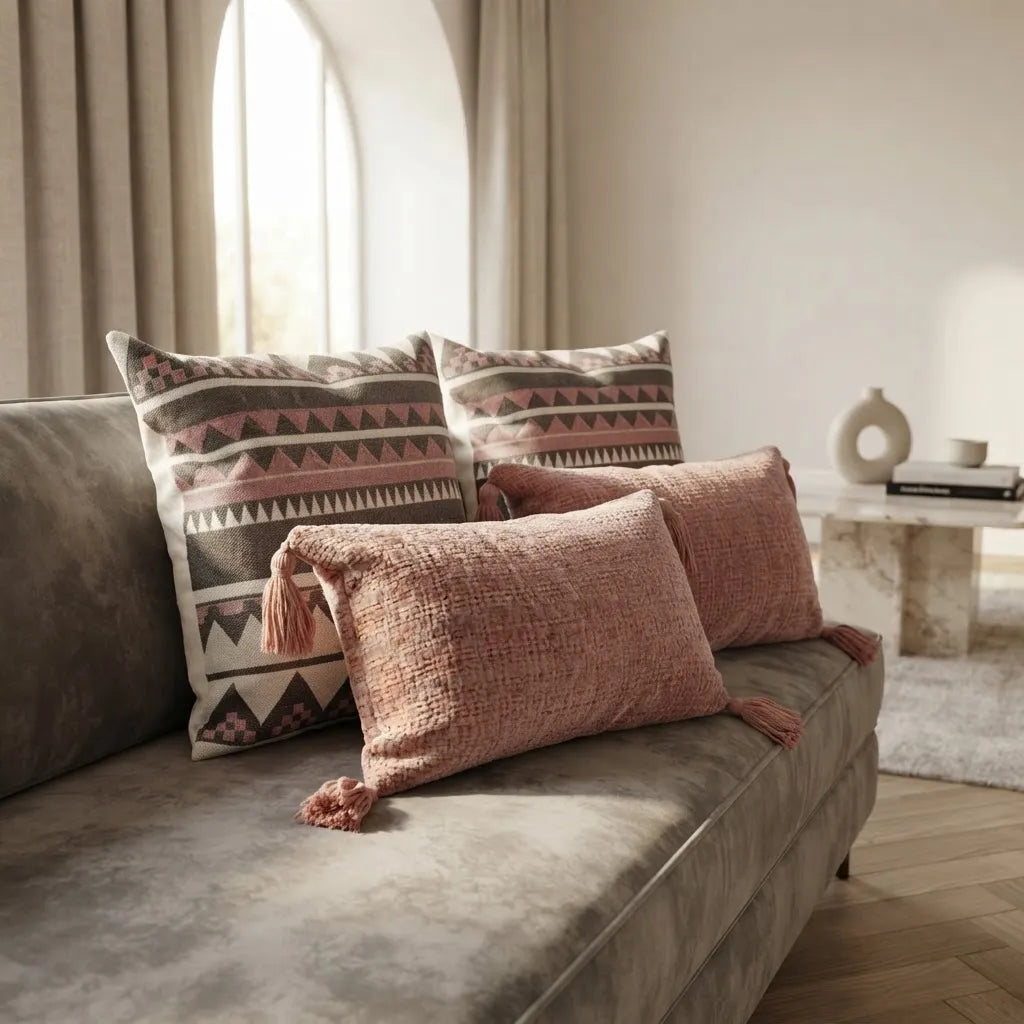 Set de 4 Cojines Decorativos Tribal Rosé · Bordados y Chenille 45 × 45 y 30 × 50 cm