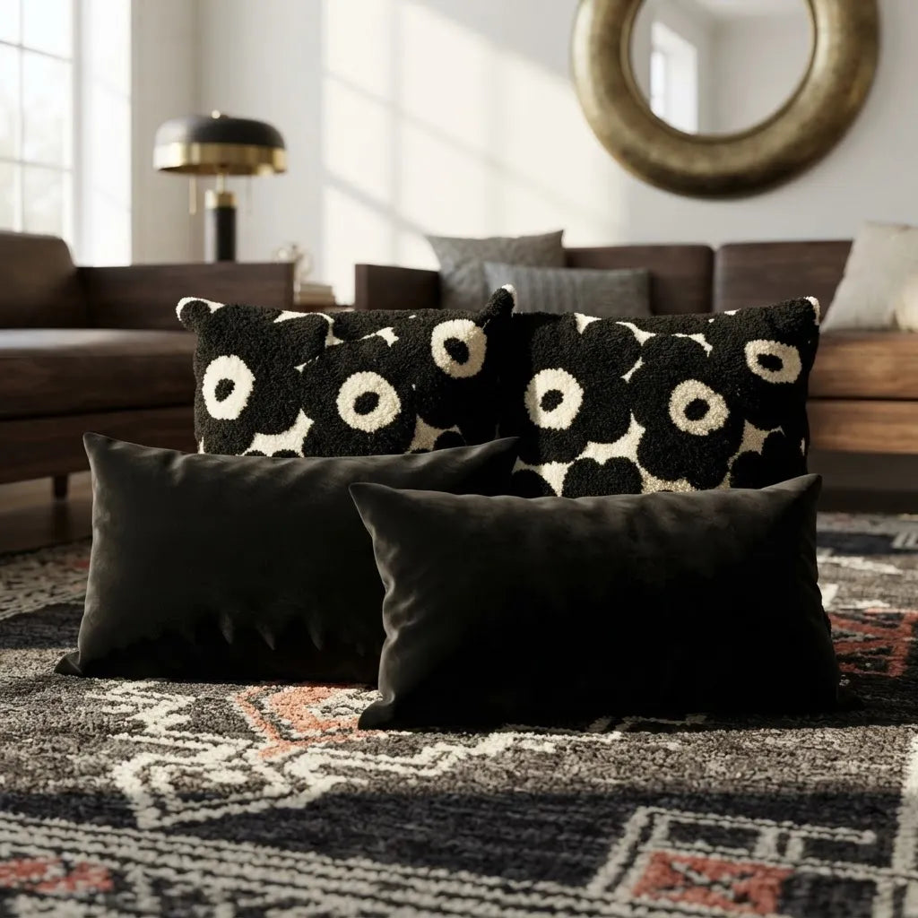 Set de 4 Cojines Flor de Ónix | Bordados y Terciopelo Negro