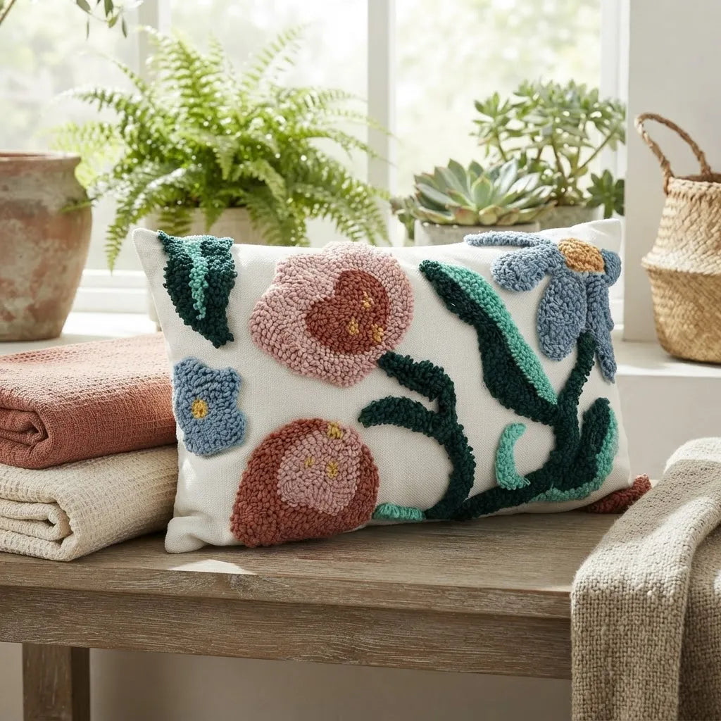 Set de 4 Cojines Jardín Verde Agua · Diseño Floral Boho con Rellenos