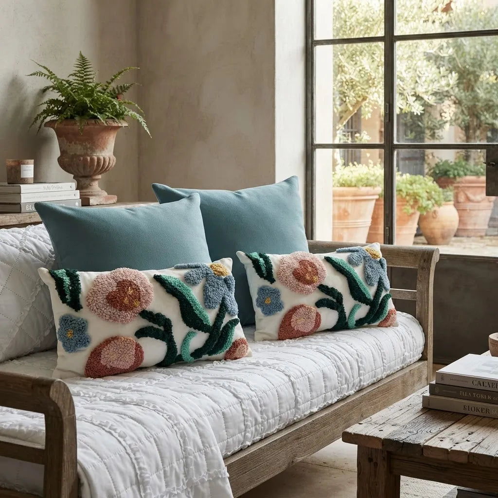 Set de 4 Cojines Jardín Verde Agua · Diseño Floral Boho con Rellenos
