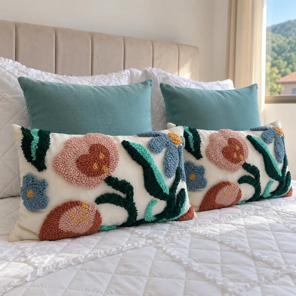 Set de 4 Cojines Jardín Verde Agua · Diseño Floral Boho con Rellenos
