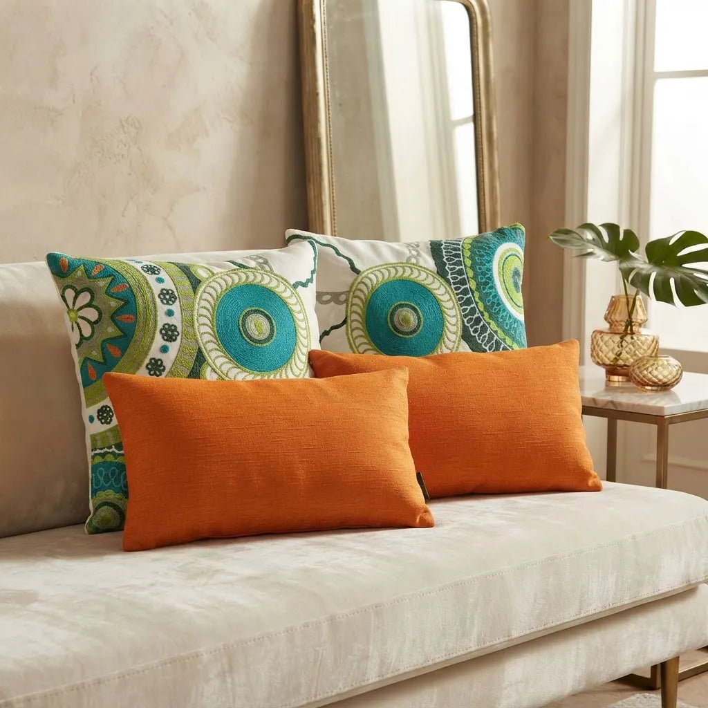 Set de 4 Cojines Mandala Ámbar | Bordados y Lisos