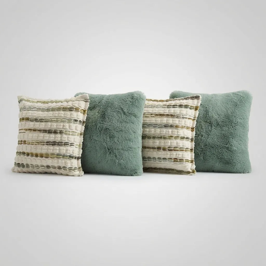 Set de 4 Cojines Serena Verde | Texturizados y Pelo de Conejo