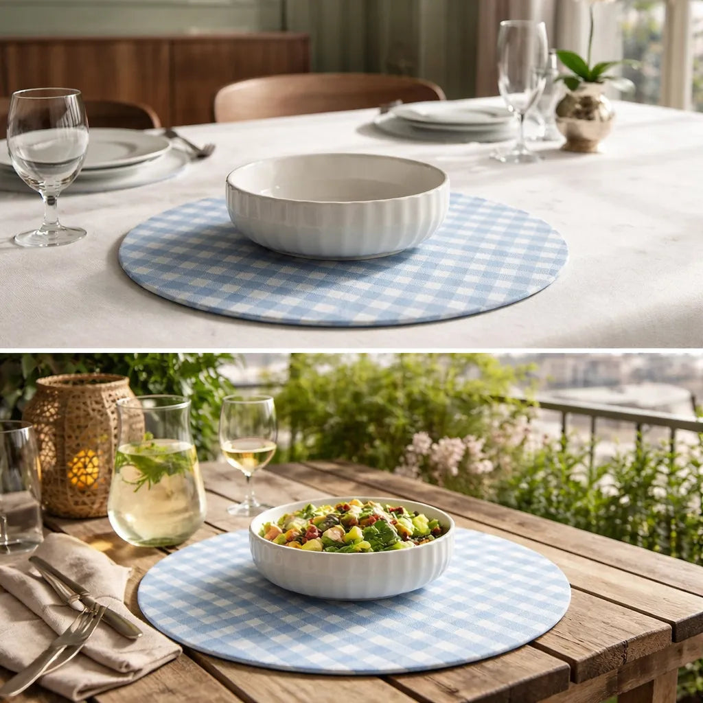 Individuales Redondos Repelentes con Base MDF ·Vichy Celeste