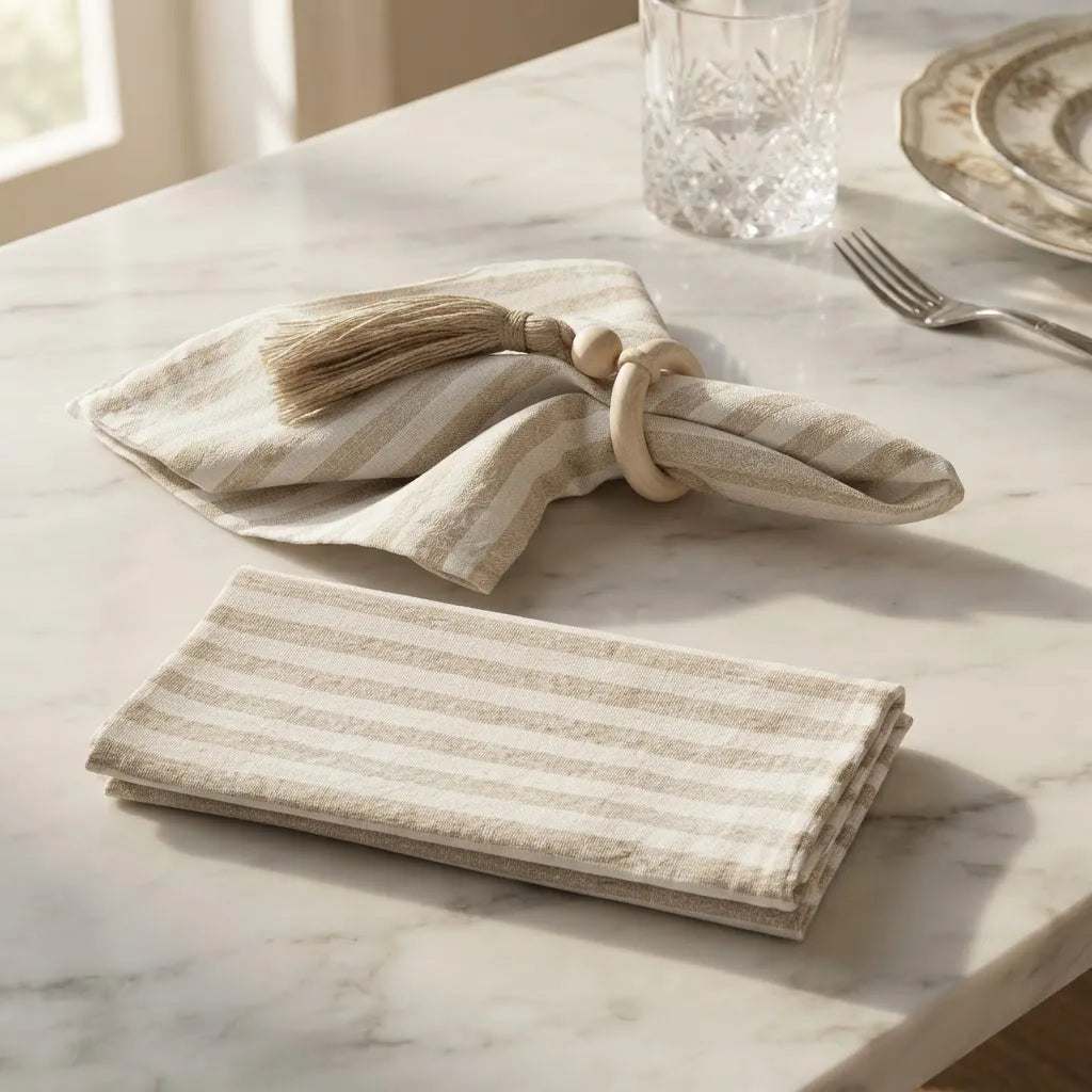 Set De 6 Servilletas De Lino A Rayas Beige  43 X 43 Cm