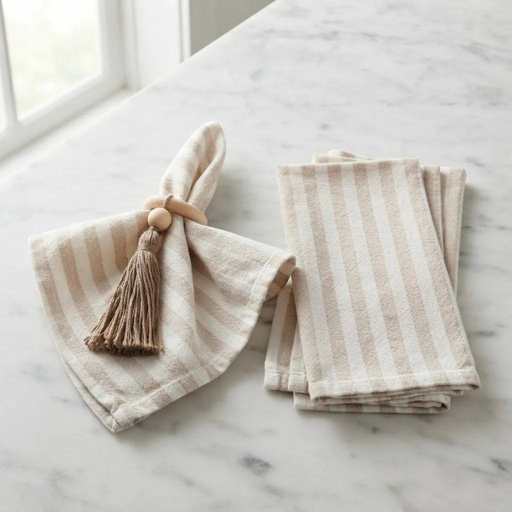 Set De 6 Servilletas De Lino A Rayas Beige  43 X 43 Cm