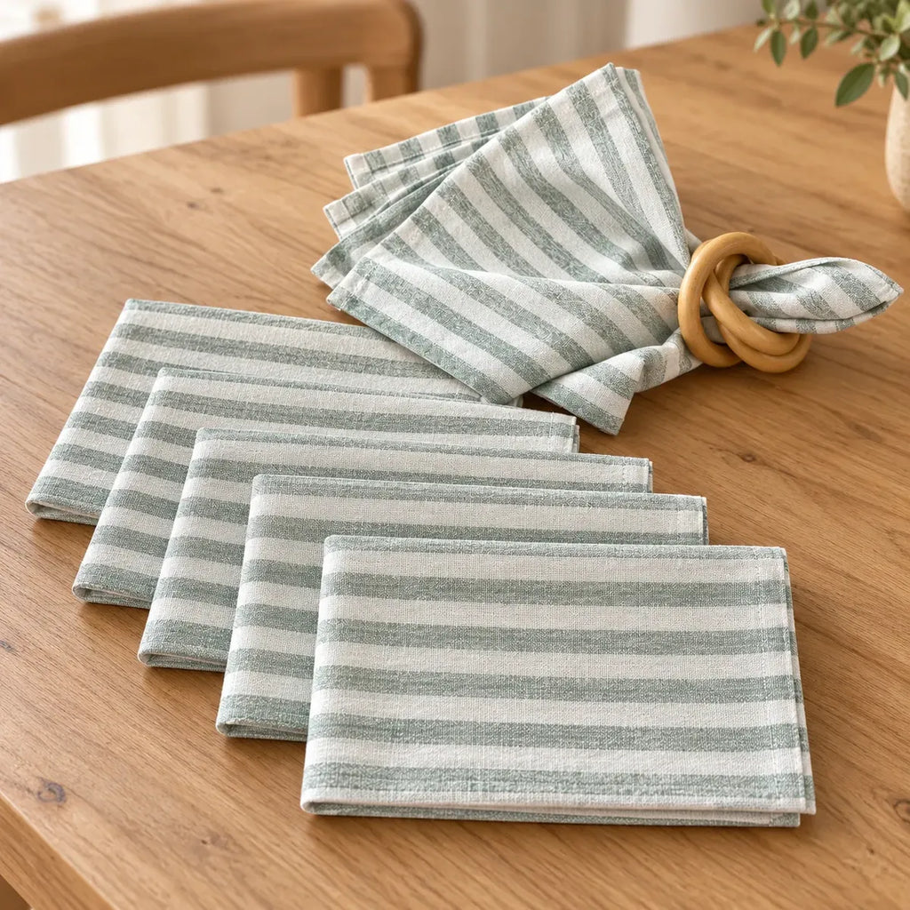 Set De 6 Servilletas De Lino A Rayas Verde Agua 43 X 43 Cm