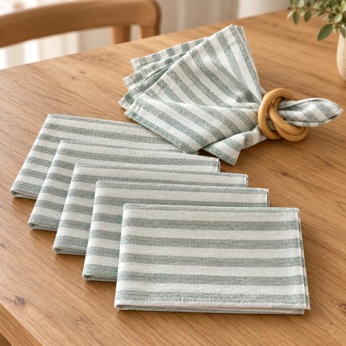 Set De 6 Servilletas De Lino A Rayas Verde Agua 43 X 43 Cm