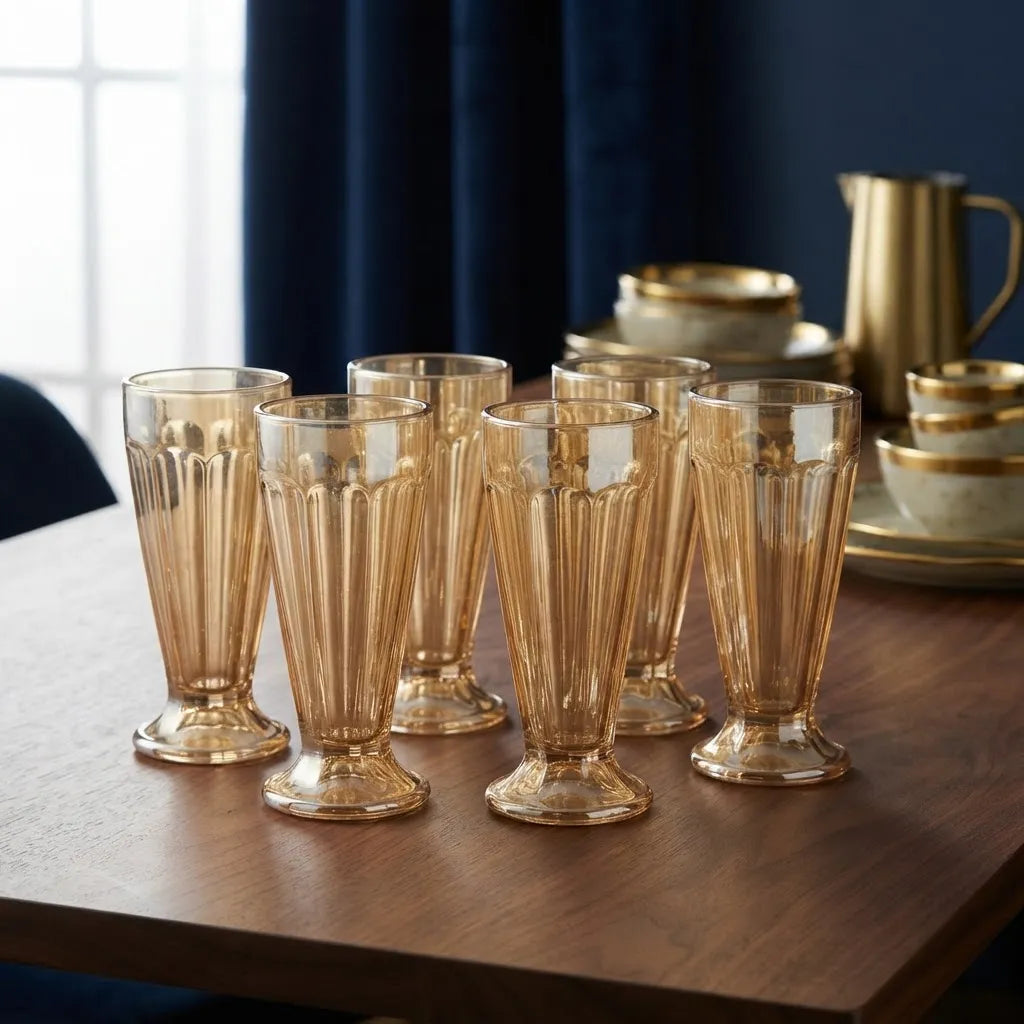Set De 6 Vasos De Vidrio Dorado Con Relieves 330 Ml, - NM