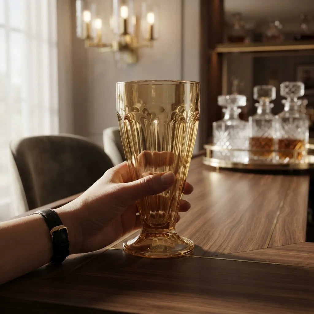 Set De 6 Vasos De Vidrio Dorado Con Relieves 330 Ml, - NM