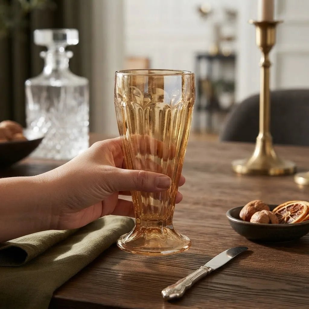 Set De 6 Vasos De Vidrio Dorado Con Relieves 330 Ml, - NM