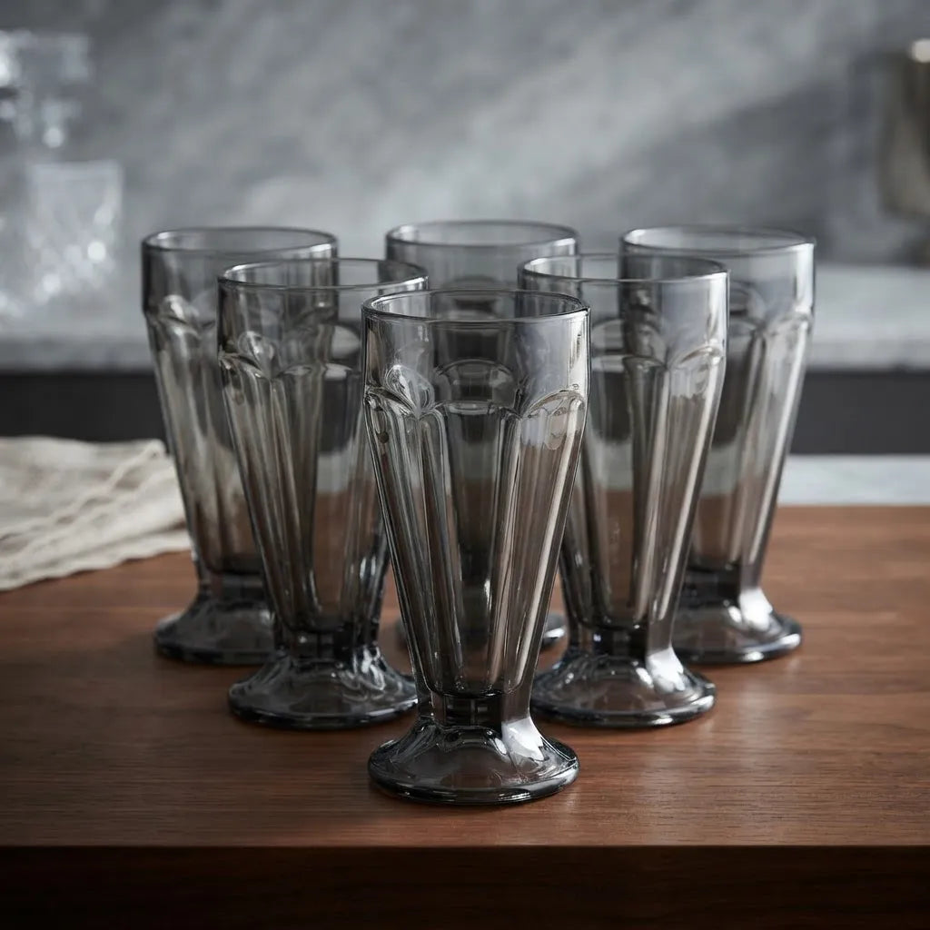 Set de 6 Vasos de Vidrio Gris Ahumado con Relieves – 330ml - NM