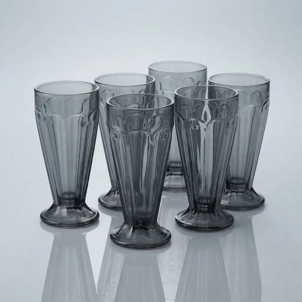 Set de 6 Vasos de Vidrio Gris Ahumado con Relieves – 330ml - NM