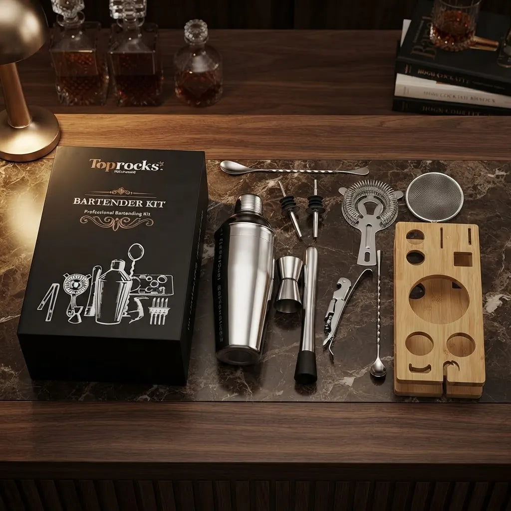 Set de Coctelería Deluxe 11 Piezas Plateado con Soporte