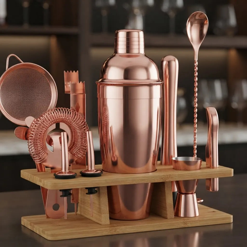 Set De Coctelería Deluxe 11 Piezas Rose Gold Con Soporte
