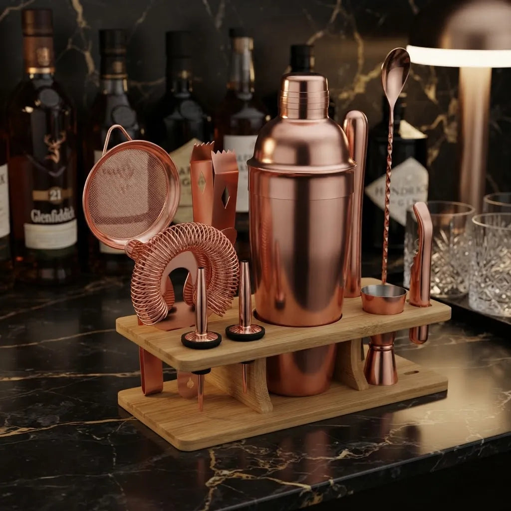 Set De Coctelería Deluxe 11 Piezas Rose Gold Con Soporte