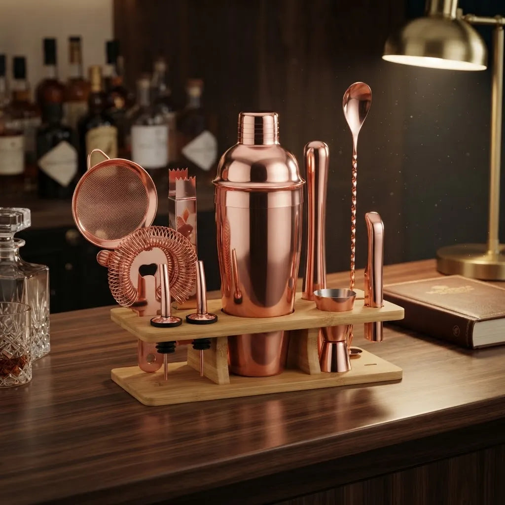 Set De Coctelería Deluxe 11 Piezas Rose Gold Con Soporte