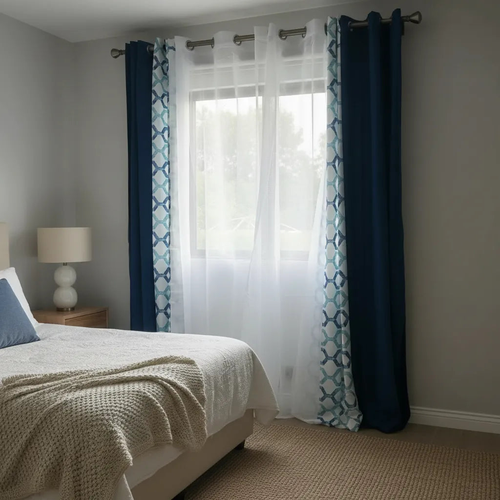 Set De Cortinas Lino Combinadas Azul + Visillos 4 Paños