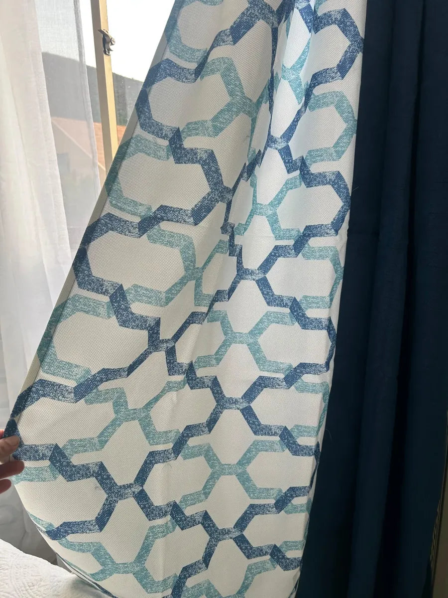 Set De Cortinas Lino Combinadas Azul + Visillos 4 Paños