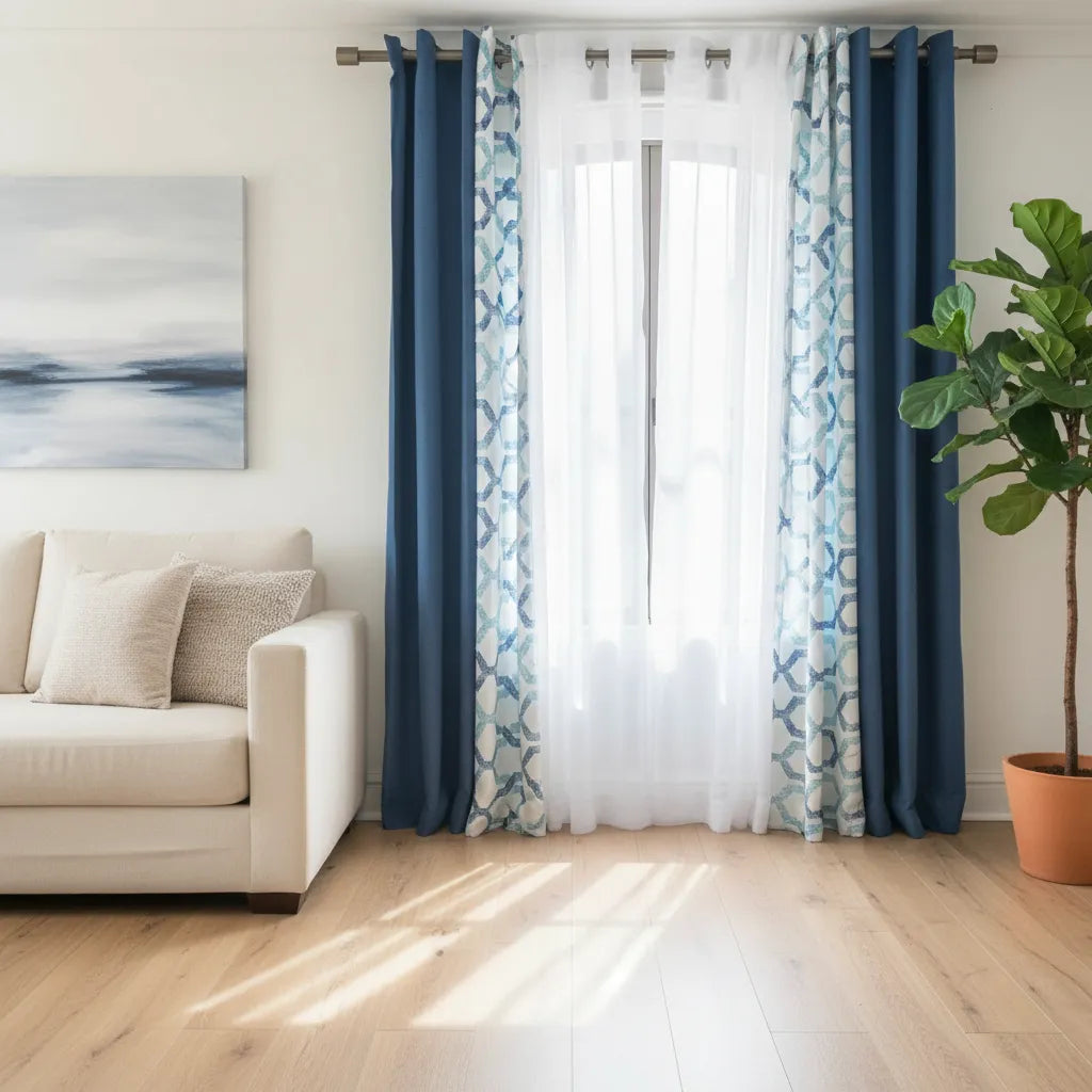 Set De Cortinas Lino Combinadas Azul + Visillos 4 Paños