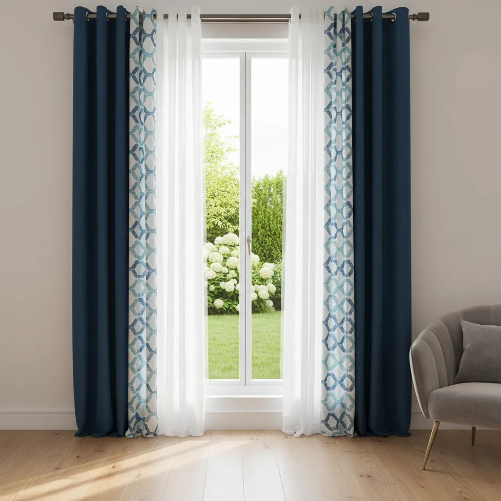 Set De Cortinas Lino Combinadas Azul + Visillos 4 Paños