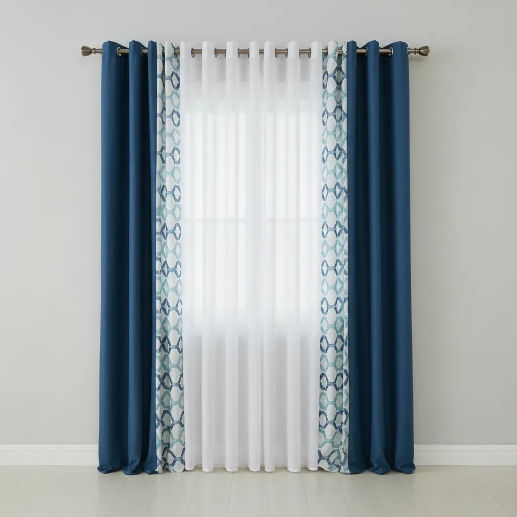 Set De Cortinas Lino Combinadas Azul + Visillos 4 Paños