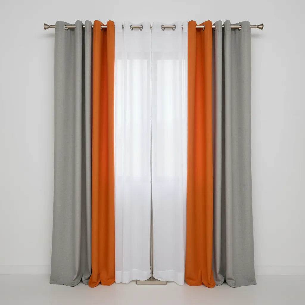 Set De Cortinas Lino Combinadas Naranjo + Visillos 4 Paños