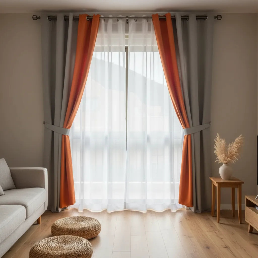 Set De Cortinas Lino Combinadas Naranjo + Visillos 4 Paños