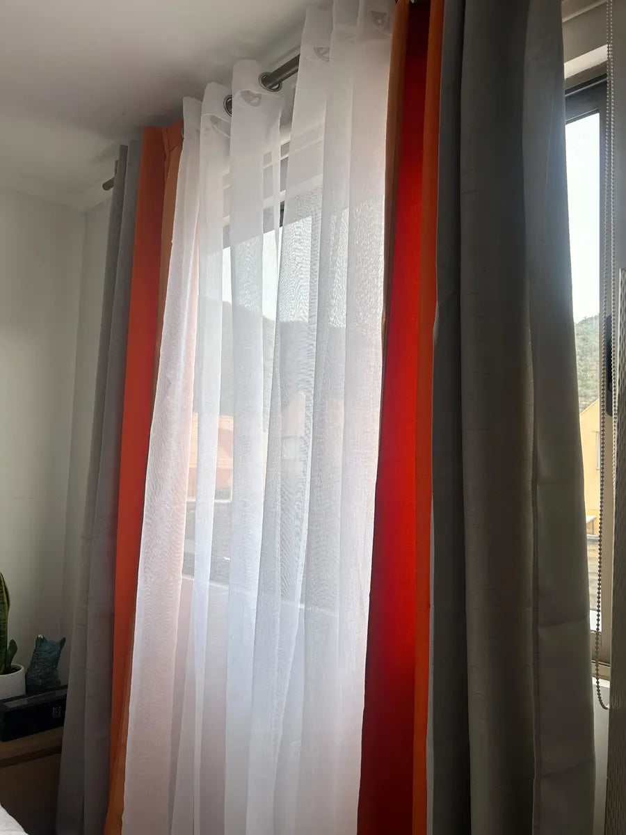 Set De Cortinas Lino Combinadas Naranjo + Visillos 4 Paños
