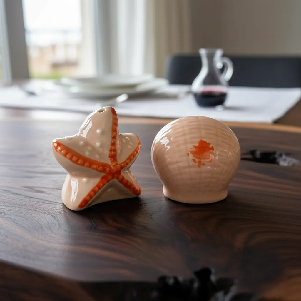 Set Mini Salero Y Pimentero Cerámico Estrella De Mar 5 Cm