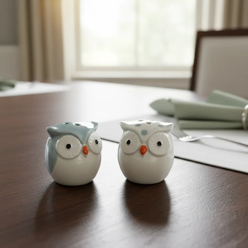 Set Mini Salero Y Pimentero Cerámico Buho 5 Cm