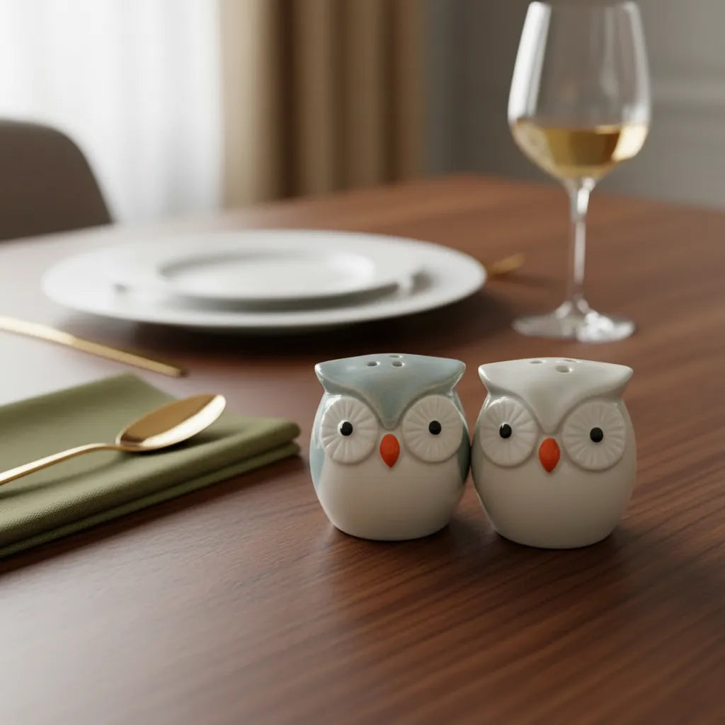 Set Mini Salero Y Pimentero Cerámico Buho 5 Cm
