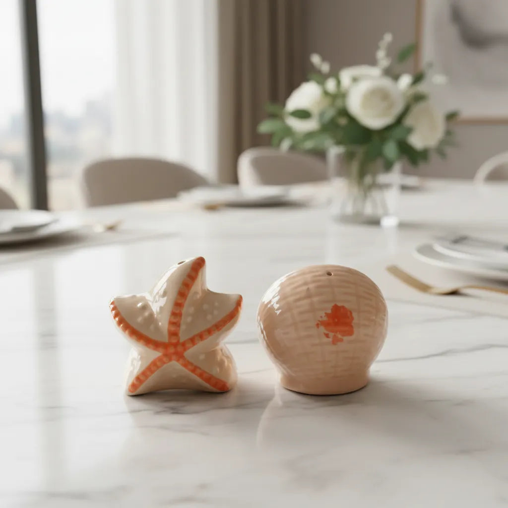 Set Mini Salero Y Pimentero Cerámico Estrella De Mar 5 Cm