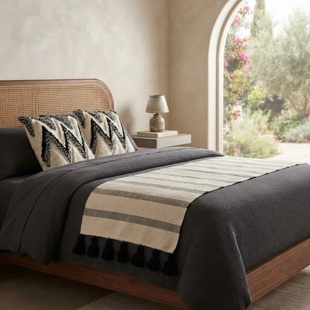 Set Piecera Kilim Boho 70 × 210 cm + 2 Fundas Texturadas 45 × 45 cm · Crudo y Negro