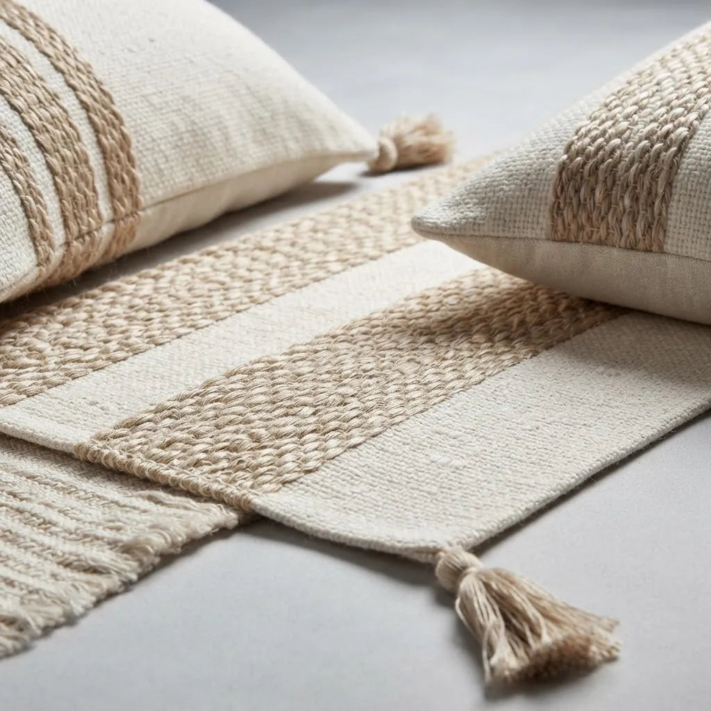 Set Piecera Líneas Arena Boho + 2 Fundas Texturizadas 45×45