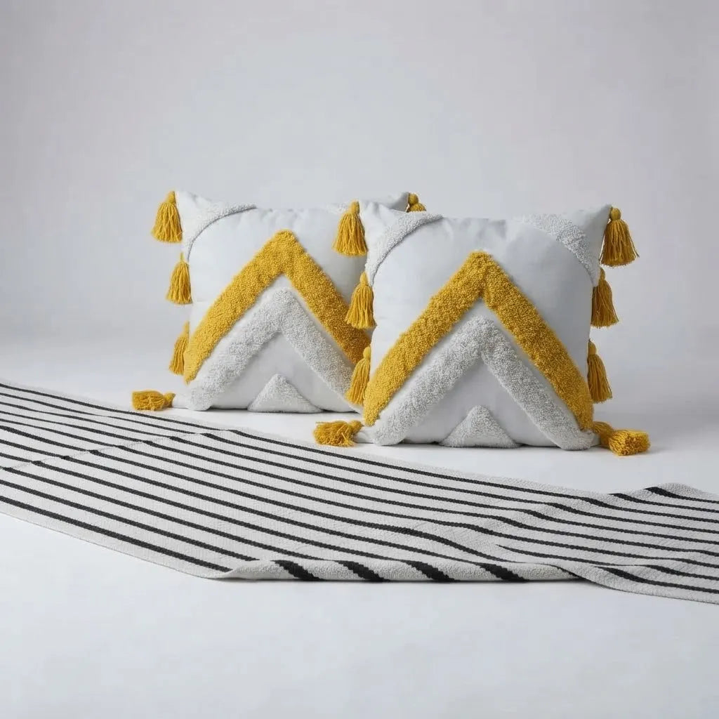 Set Piecera Líneas Mostaza Boho + 2 Fundas Texturizadas 45 × 45 cm