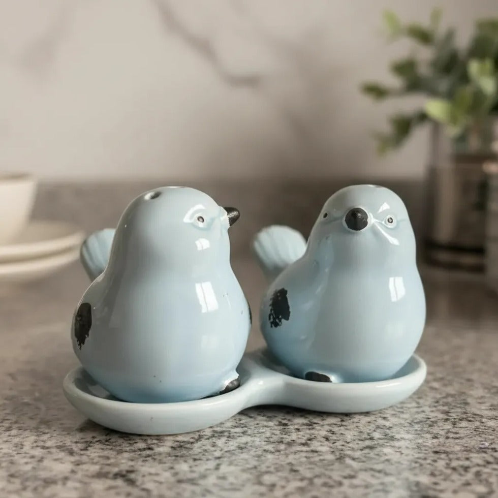Set Salero Y Pimentero Cerámico Decorativo Pajaritos Celeste