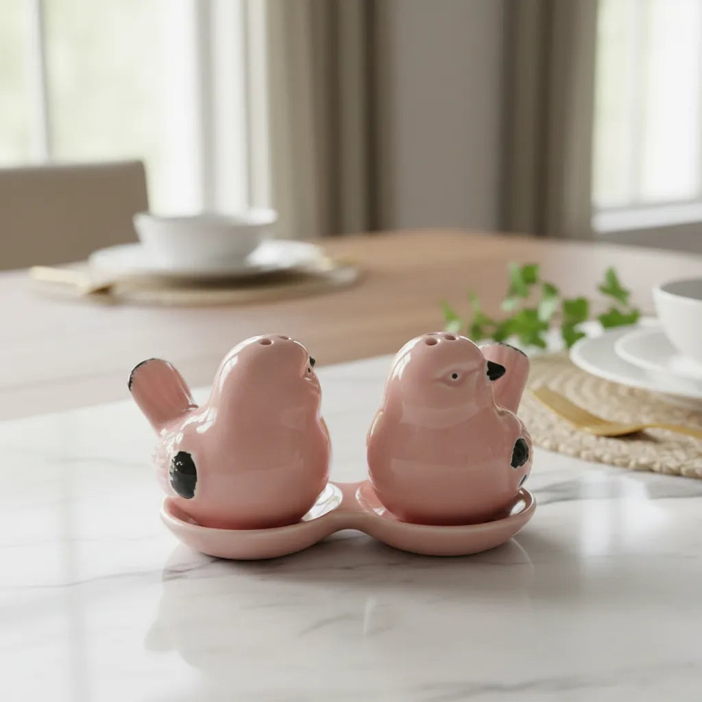 Set Salero Y Pimentero Cerámico Decorativo Pajaritos Rosa