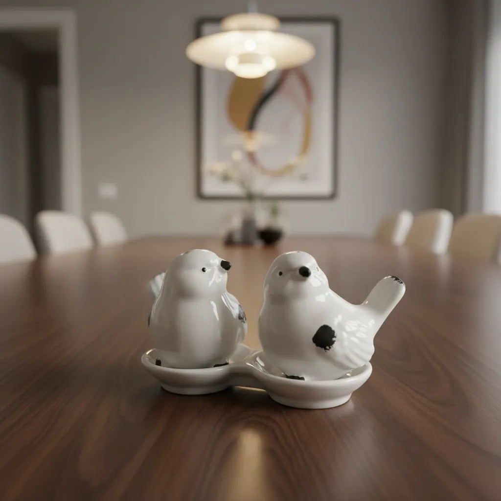 Set Salero Y Pimentero Cerámico Decorativo Pajaritos Blanco