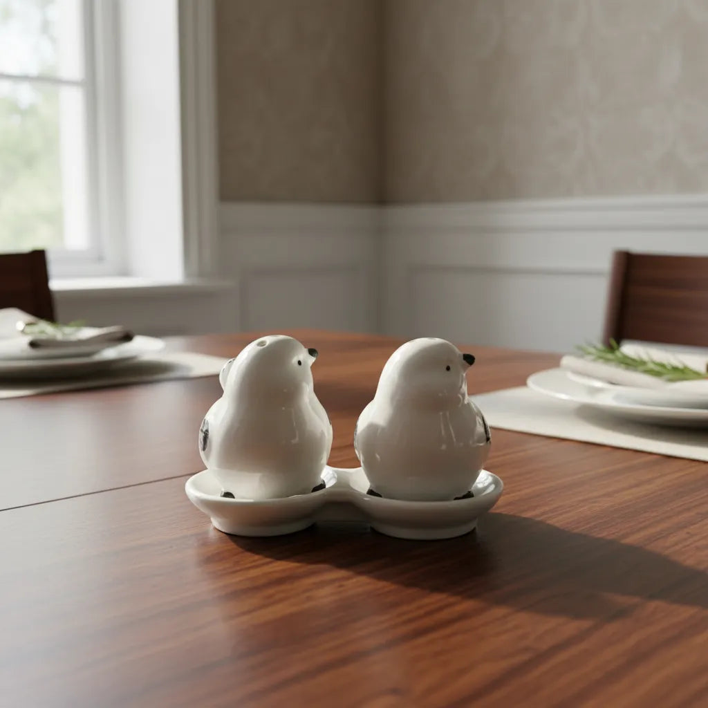 Set Salero Y Pimentero Cerámico Decorativo Pajaritos Blanco