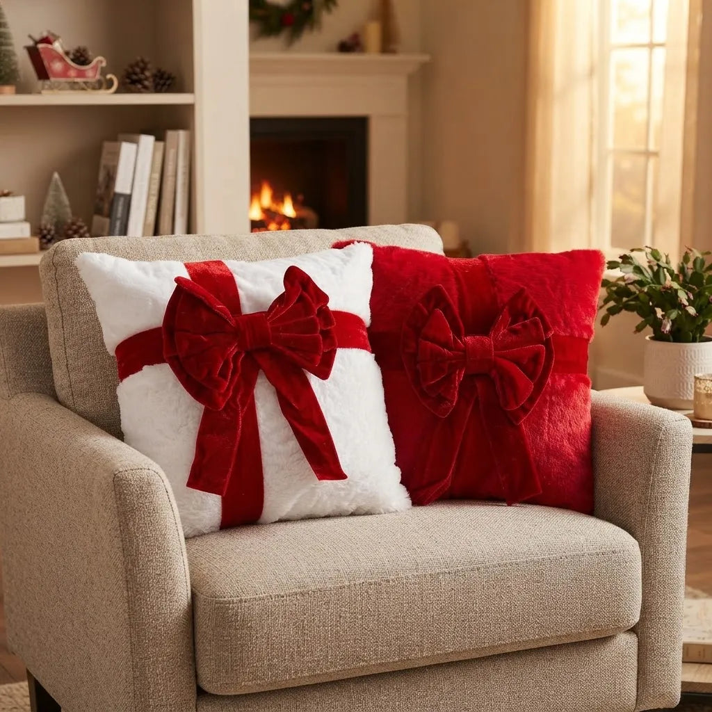 Fundas de Cojín Navideñas con Lazo 3D 45 × 45 cm · Regalo de Navidad