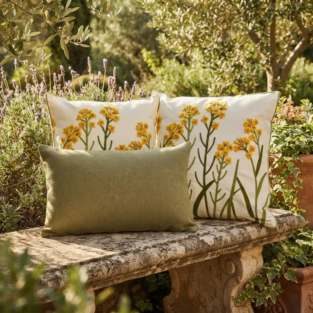 Set de 3 Cojines Jardín Oliva · Flores Amarillas Bordadas