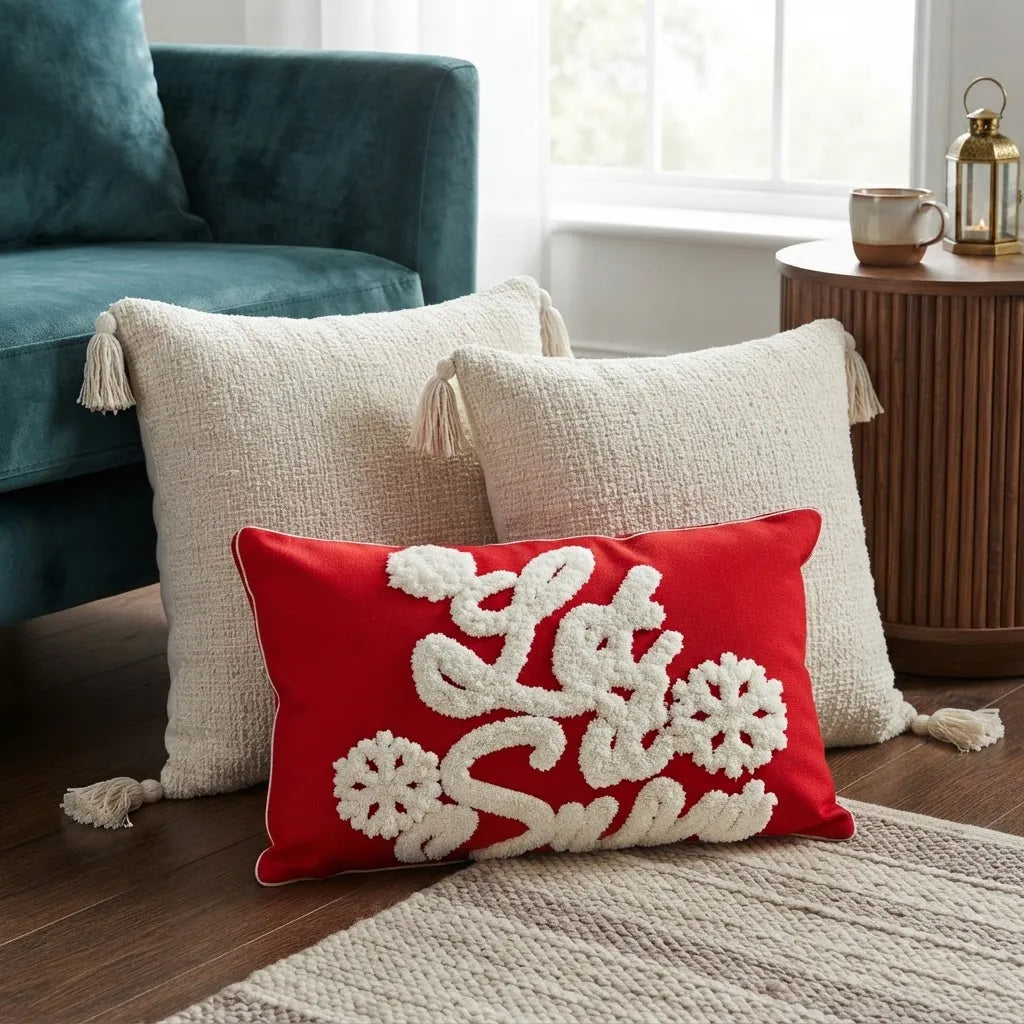 Set de 3 Cojines Navidad Boho en Chenille Blanco