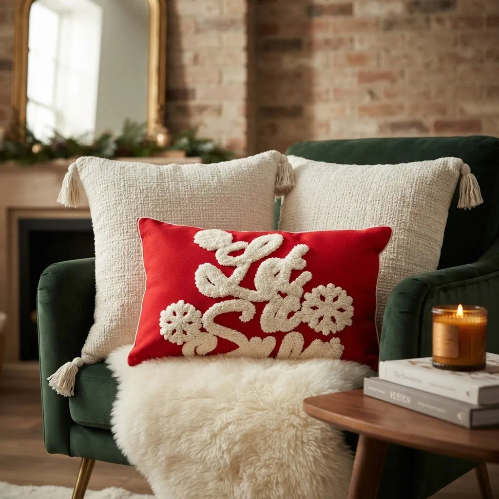 Set de 3 Cojines Navidad Boho en Chenille Blanco